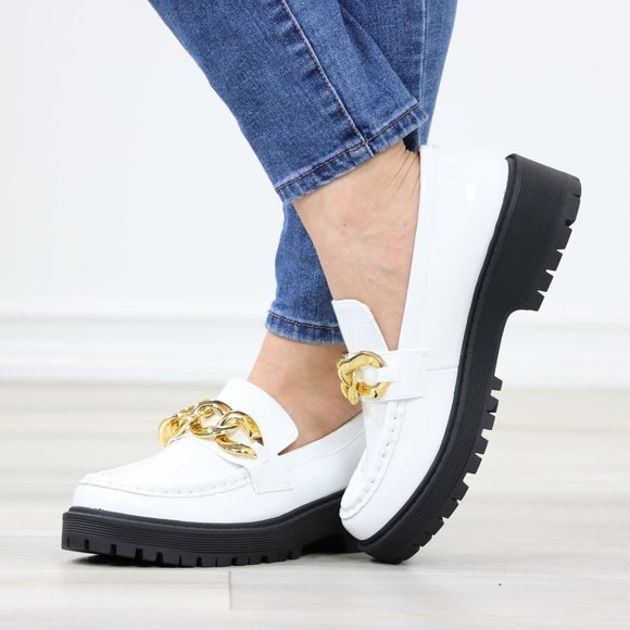 White Patent Chunky Lug Sole Slip On Penny Loafers Platform With Gold Chain - Picture 13 of 16
